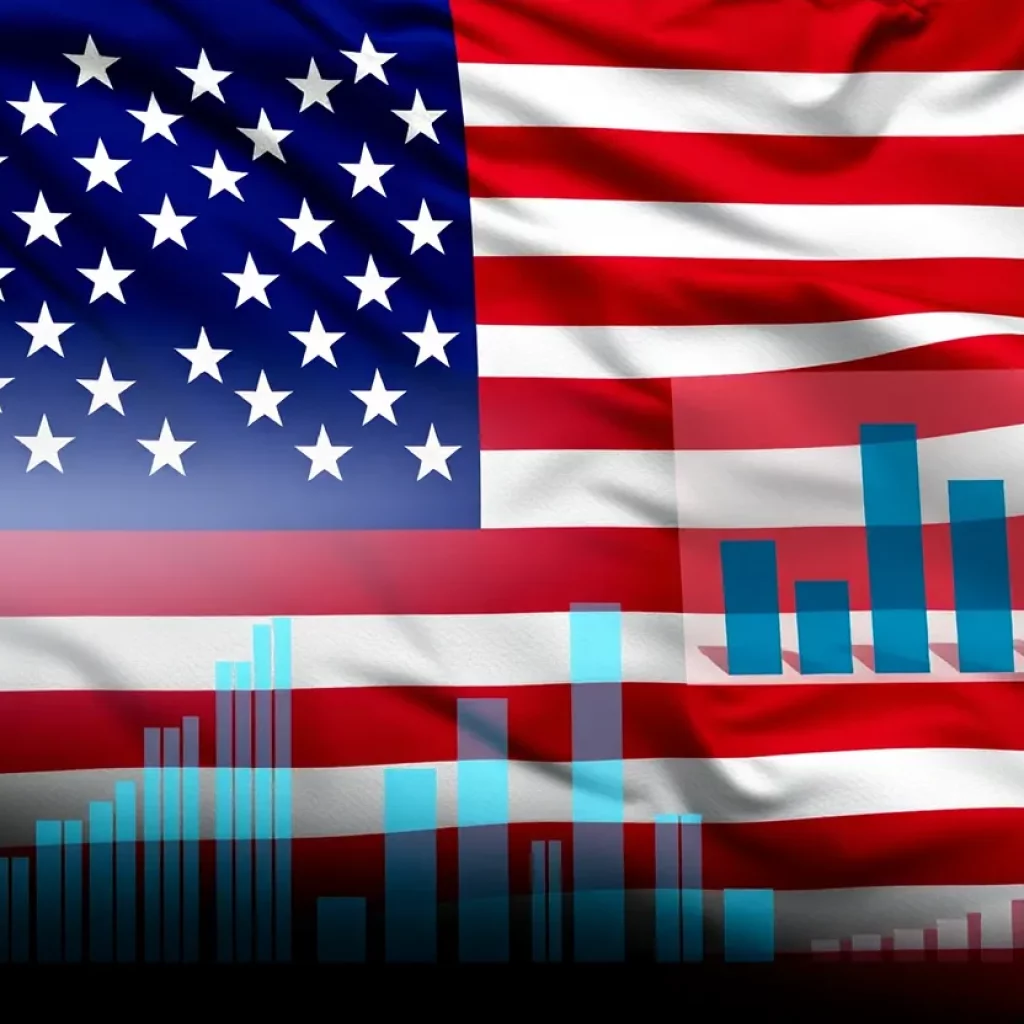 U.S. flag overlaid with financial graphs and budgets.