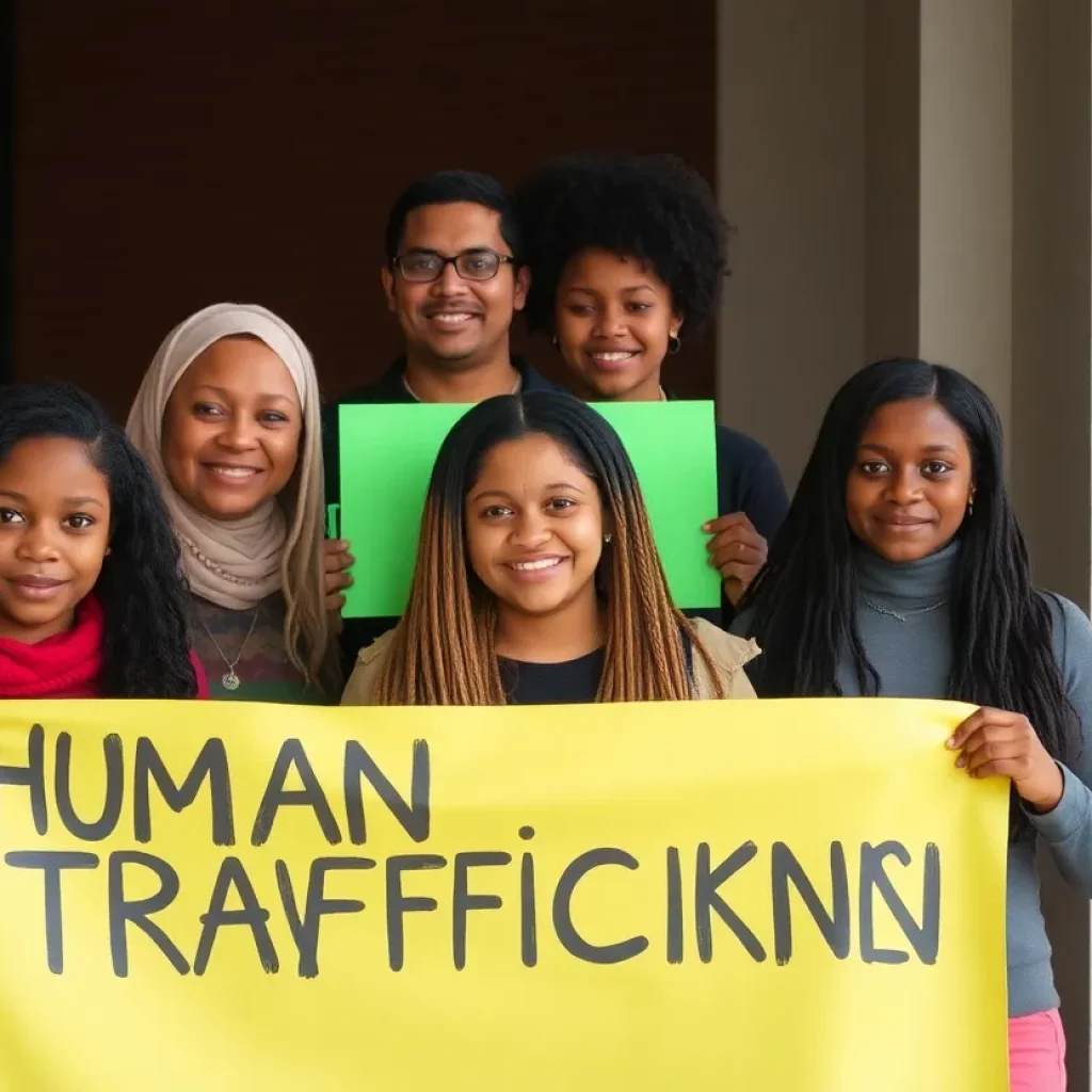 Human trafficking awareness campaign with diverse community support.