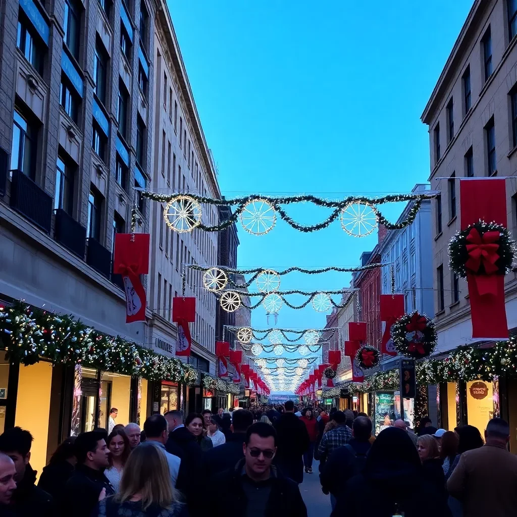 Festive city street crowded with holiday event decorations.