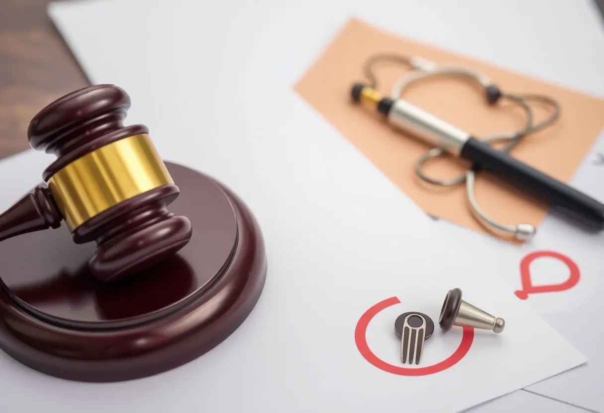 Gavel resting on healthcare documents and reproductive rights symbols.