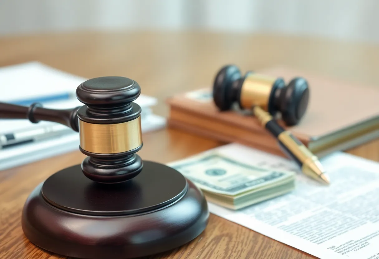 Court gavel with money and legal documents on desk.