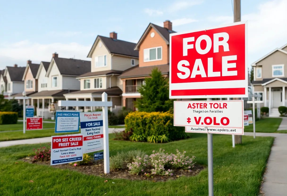 A vibrant neighborhood with "For Sale" signs and job listings.