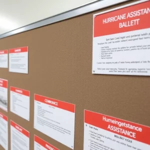 Emergency hurricane assistance information on a bulletin board.