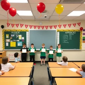 Celebratory classroom setting with awards and appreciation banners.