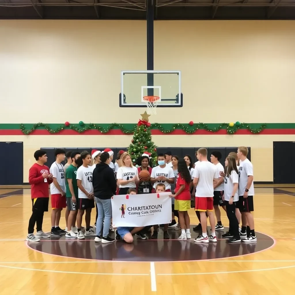 Basketball court decorated for Christmas celebration and teamwork.