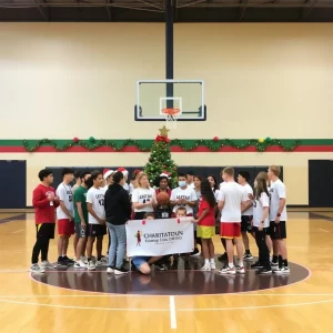 Basketball court decorated for Christmas celebration and teamwork.