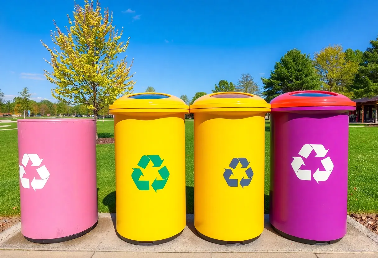 Colorful recycling bins with eco-friendly symbols in park.