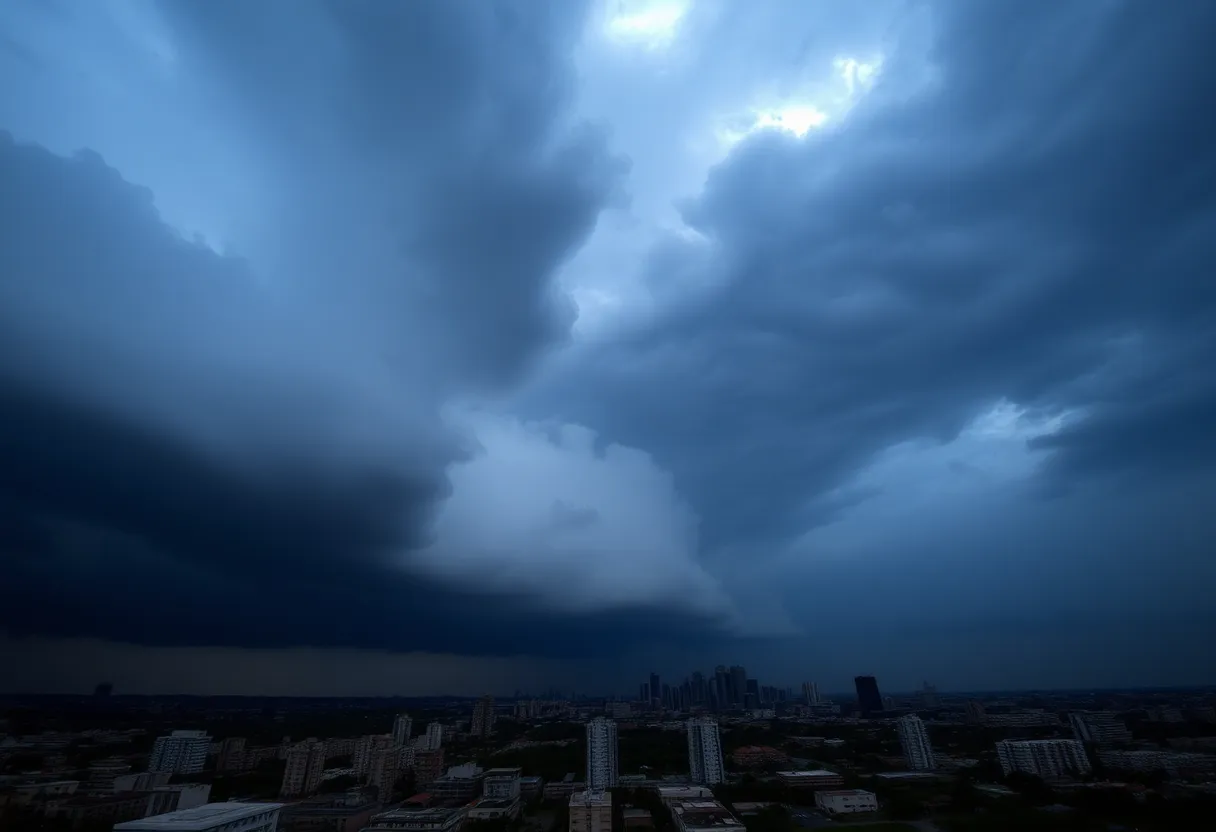 Dark storm clouds swirling above a city skyline.