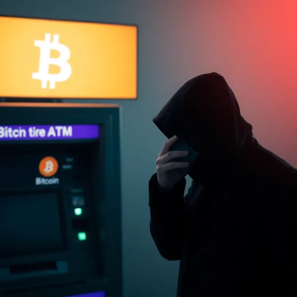 Mysterious silhouette making a phone call next to a Bitcoin ATM