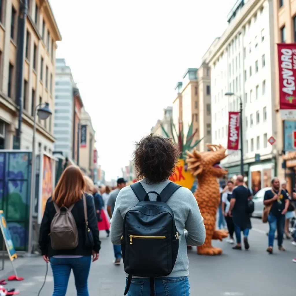 A lively Charleston street filled with art installations and performers, representing the city's thriving arts and culture scene.