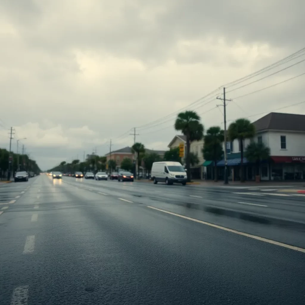 Rainy street in Charleston with traffic signs warning about flooding risks