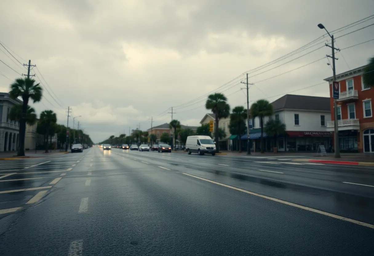 Rainy street in Charleston with traffic signs warning about flooding risks