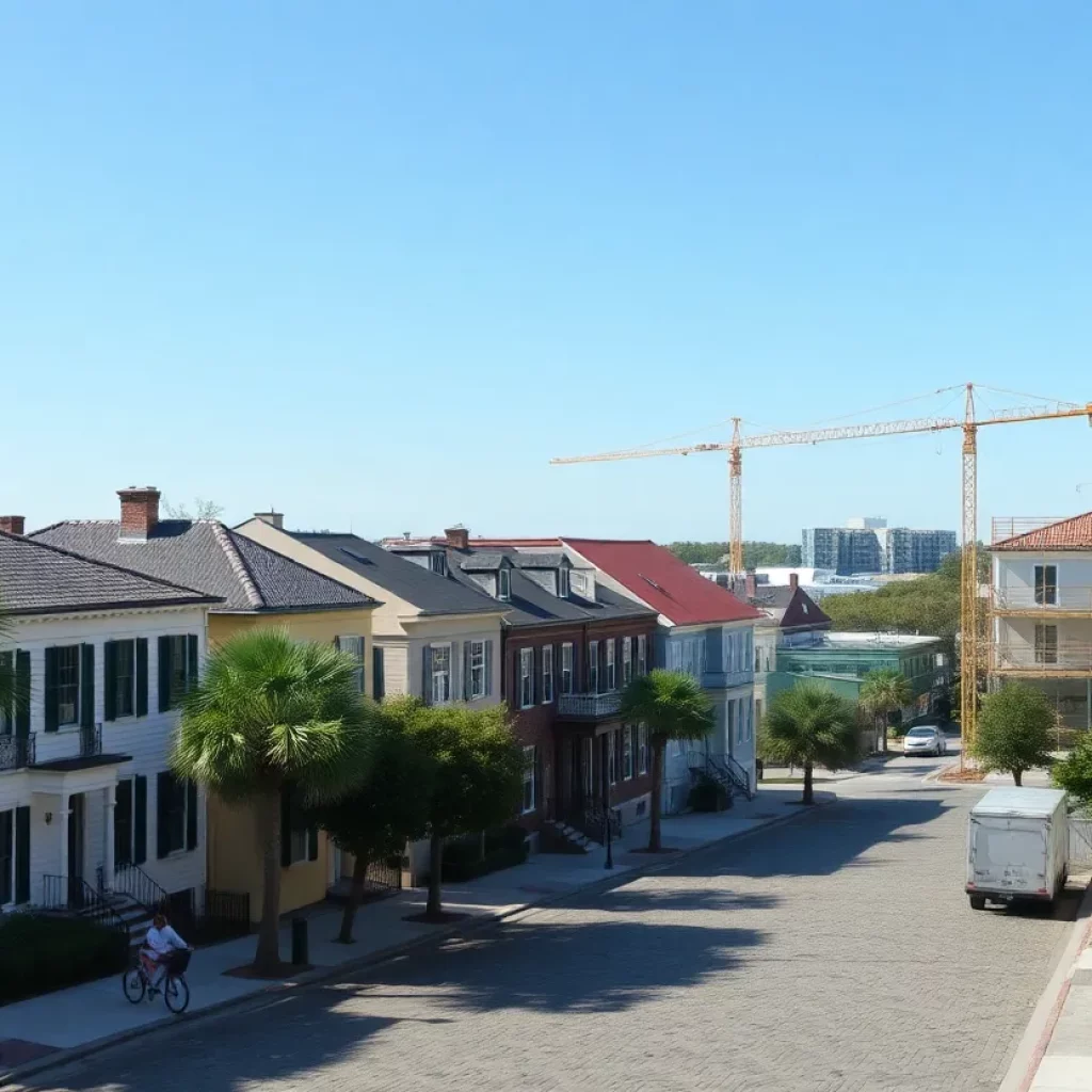 Historic homes in Charleston with construction signs for new affordable housing