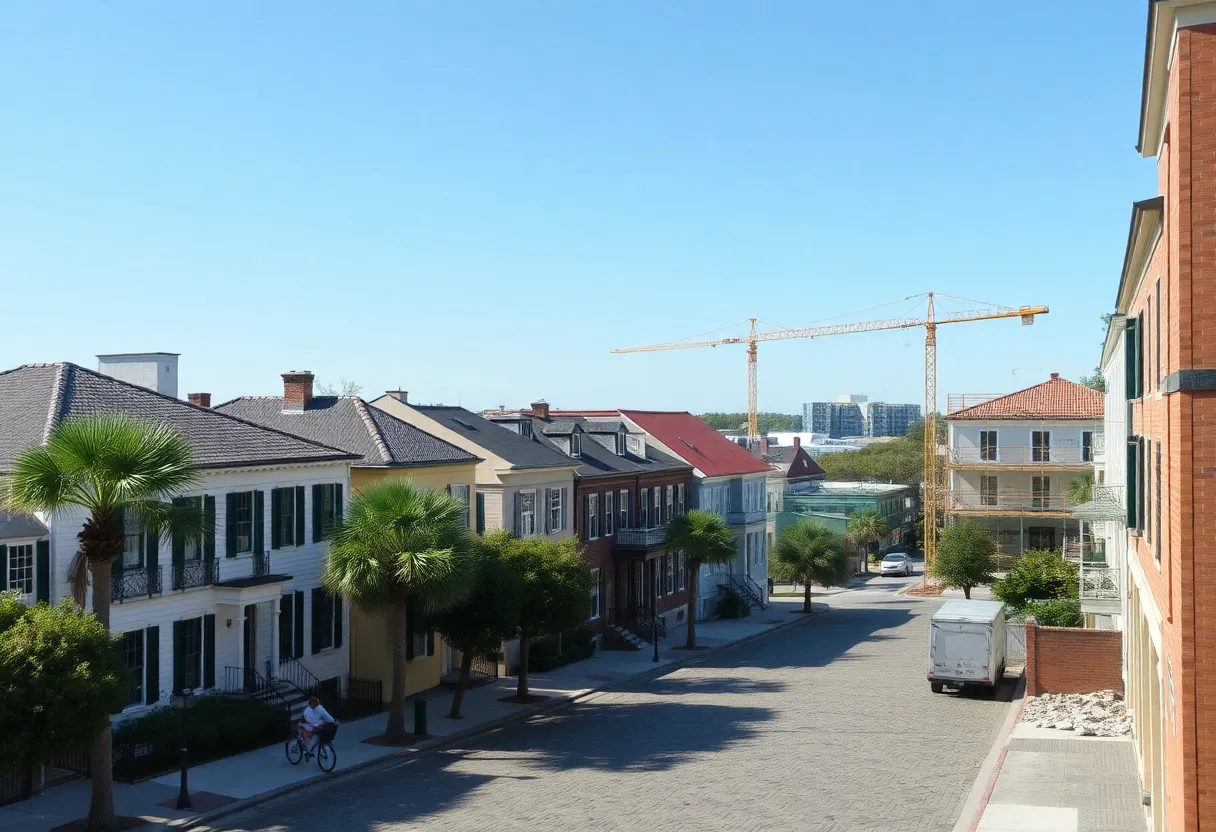 Historic homes in Charleston with construction signs for new affordable housing