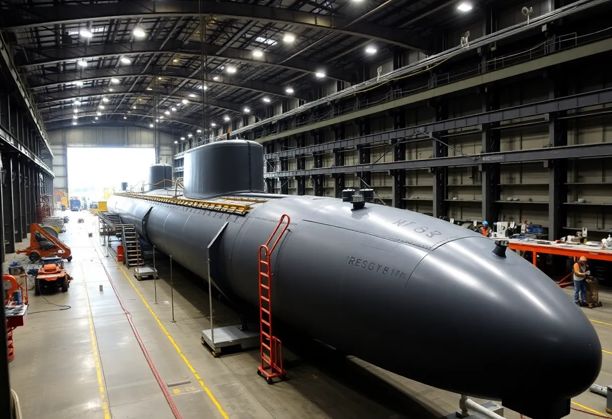 A vibrant Charleston shipbuilding facility with submarines being built.