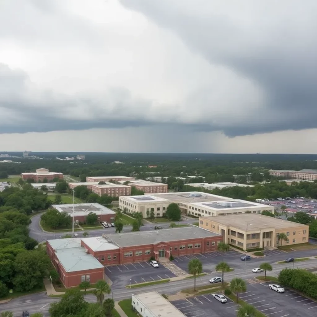 Aerial view of Charleston County schools preparing for Tropical Storm Debby