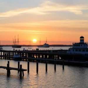 Sunset over Charleston's waterfront with cruise ships docked at Union Pier