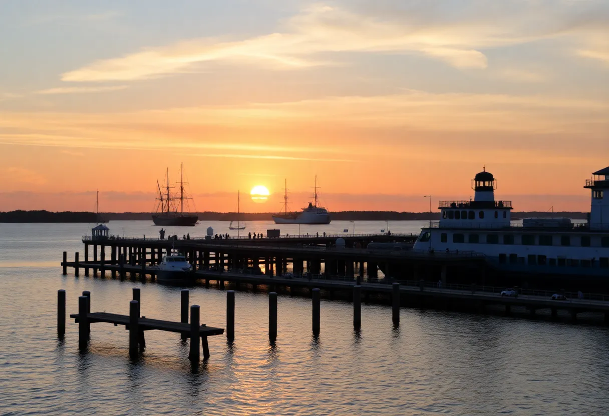 Sunset over Charleston's waterfront with cruise ships docked at Union Pier