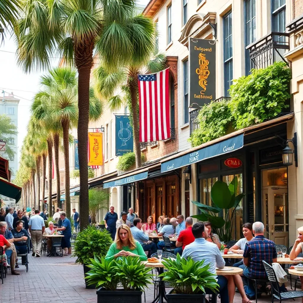 Outdoor dining scene in Charleston with various restaurants