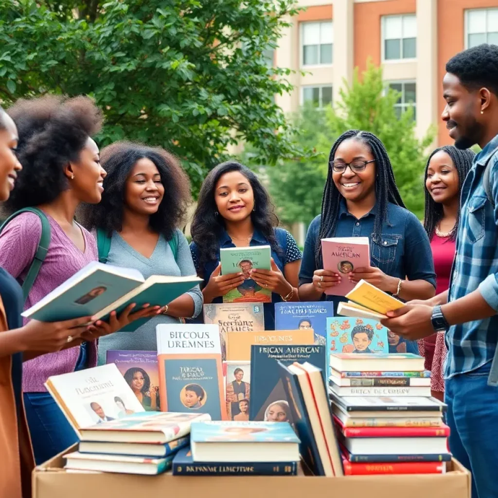 Students participating in a book drive for African American literature at the College of Charleston.