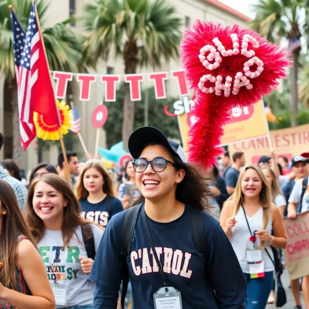 Students celebrating at the College of Charleston Homecoming Parade.