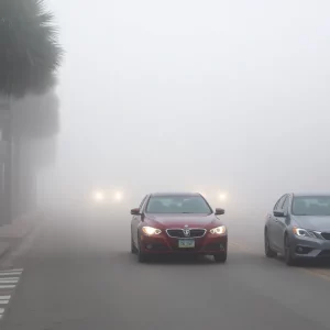 A foggy street in Charleston during a dense fog advisory.