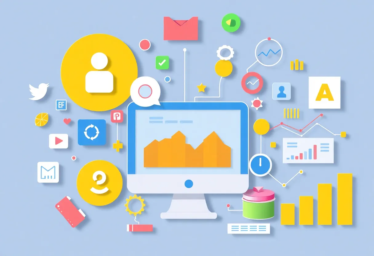 Illustration of digital marketing concepts including social media, Google Ads, and analytics tools.