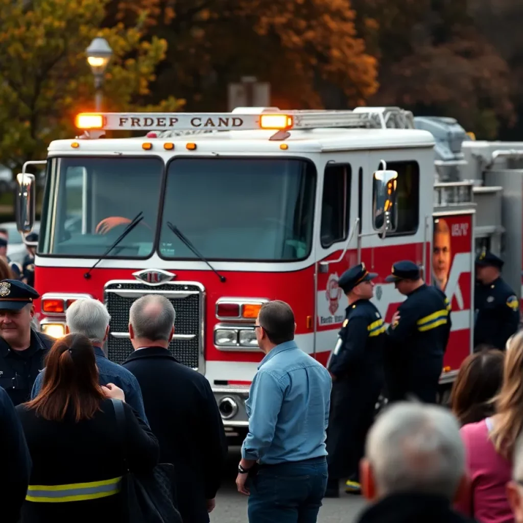 Funeral procession honoring Fire Chief John Winn with a pearl-colored fire truck.