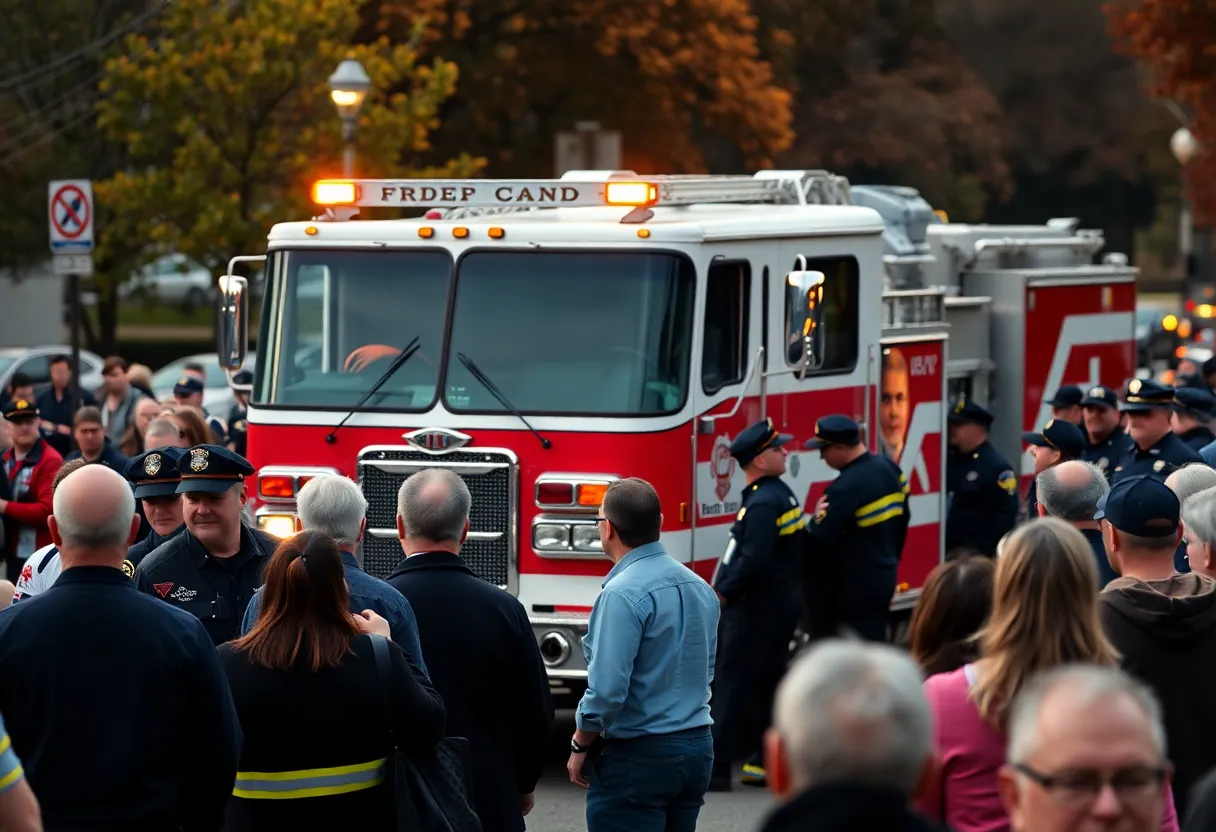 Funeral procession honoring Fire Chief John Winn with a pearl-colored fire truck.