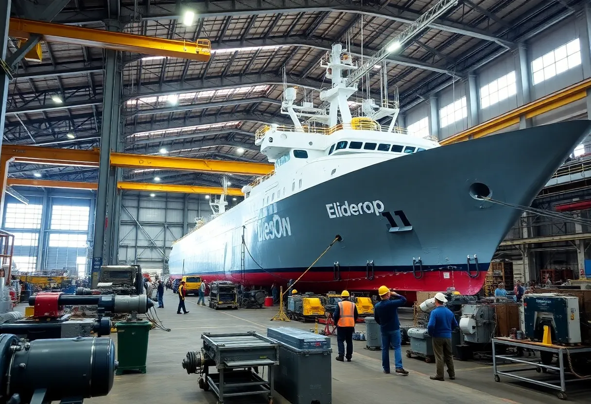 Workers at Goose Creek shipbuilding facility with advanced machinery