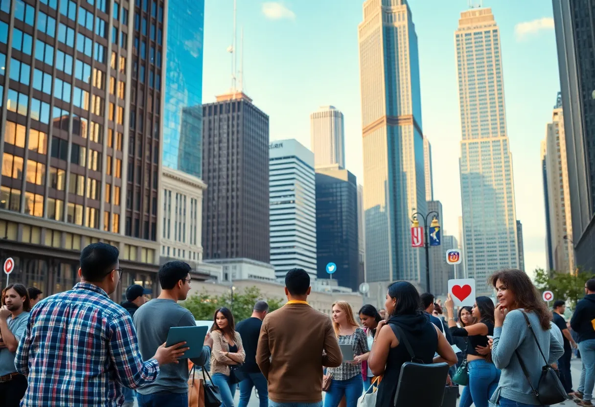 Chicago city skyline with influencers discussing marketing strategies