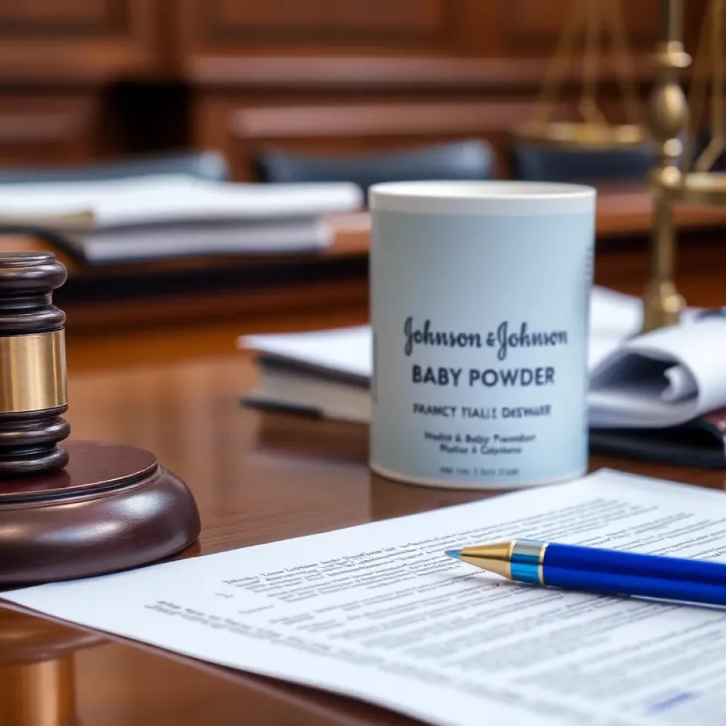 Courtroom scene with Johnson & Johnson talc product