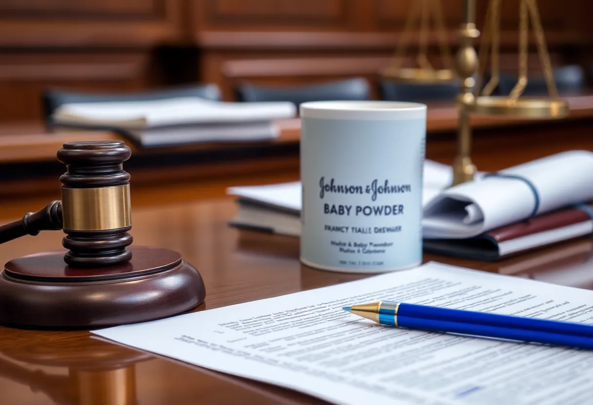 Courtroom scene with Johnson & Johnson talc product