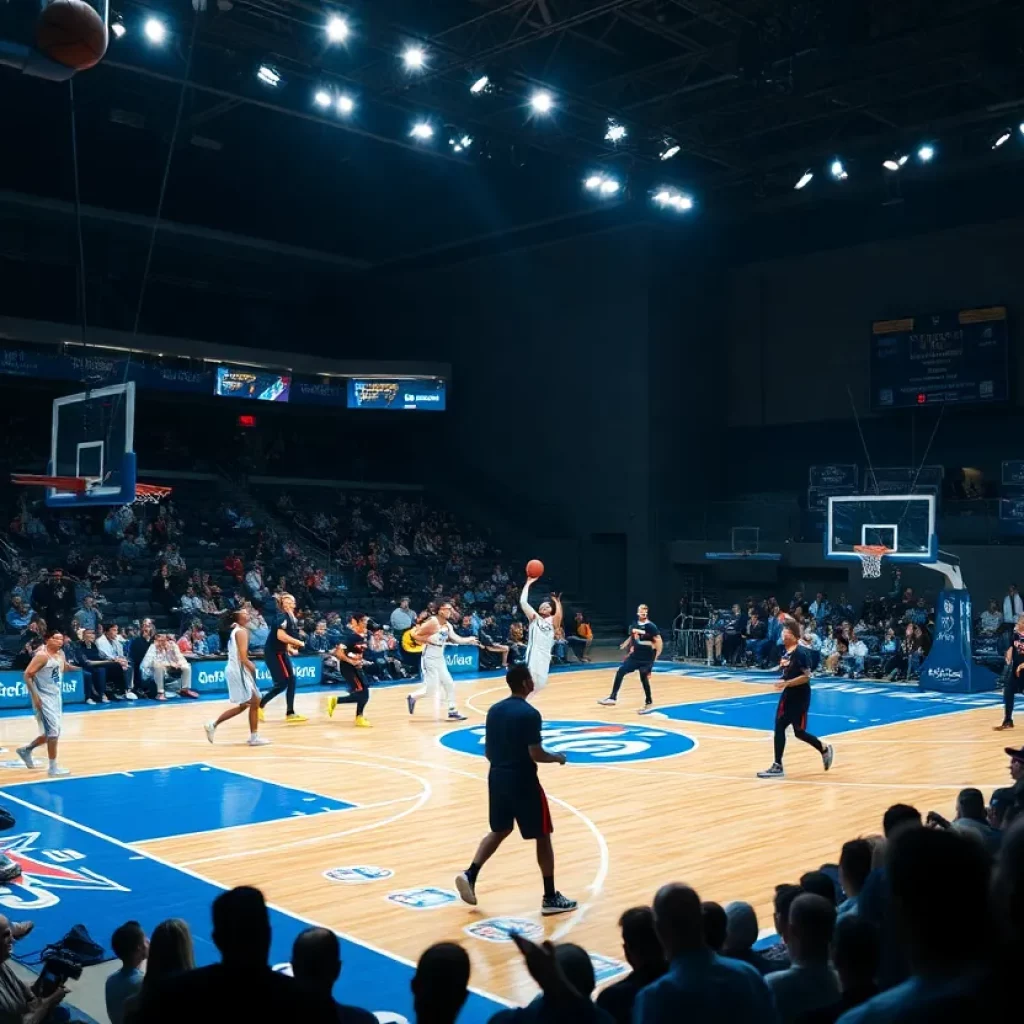 Liberty Flames competing against the Charleston Cougars in a basketball game.