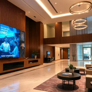 A modern hotel lobby emphasizing technology and guest experience