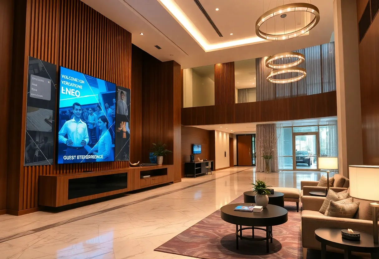 A modern hotel lobby emphasizing technology and guest experience