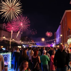 Families celebrating New Year’s Eve in Charleston, SC with fireworks and festive decorations.