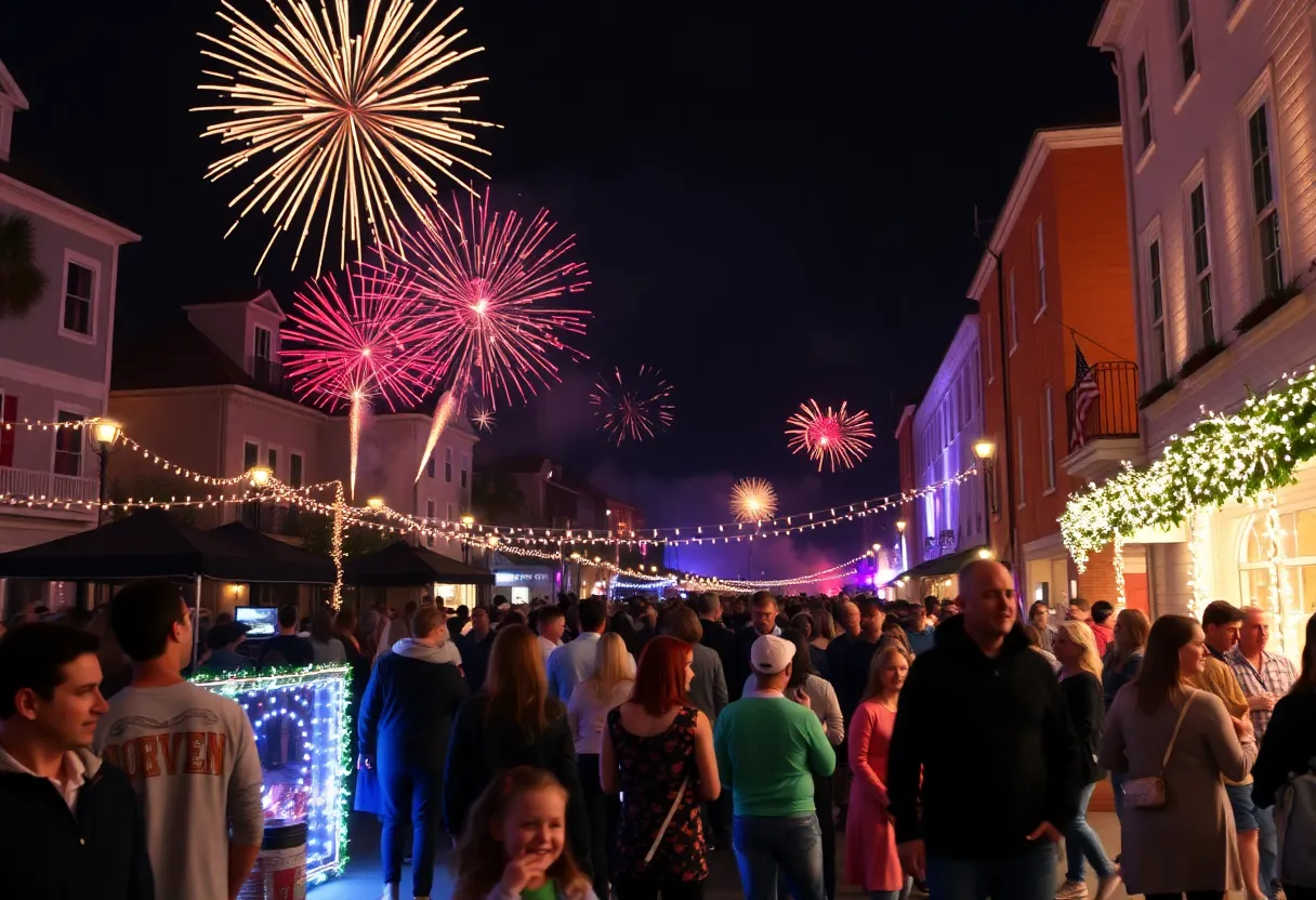 Families celebrating New Year’s Eve in Charleston, SC with fireworks and festive decorations.