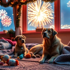 A calm indoor space prepared for pets during New Year's Eve celebrations, with various pet toys and a window showing fireworks outside.