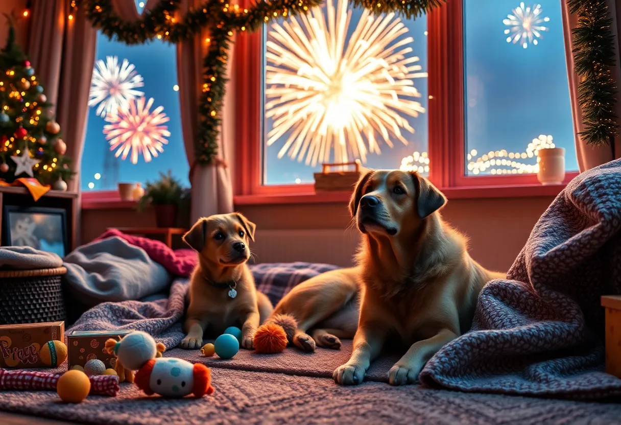 A calm indoor space prepared for pets during New Year's Eve celebrations, with various pet toys and a window showing fireworks outside.