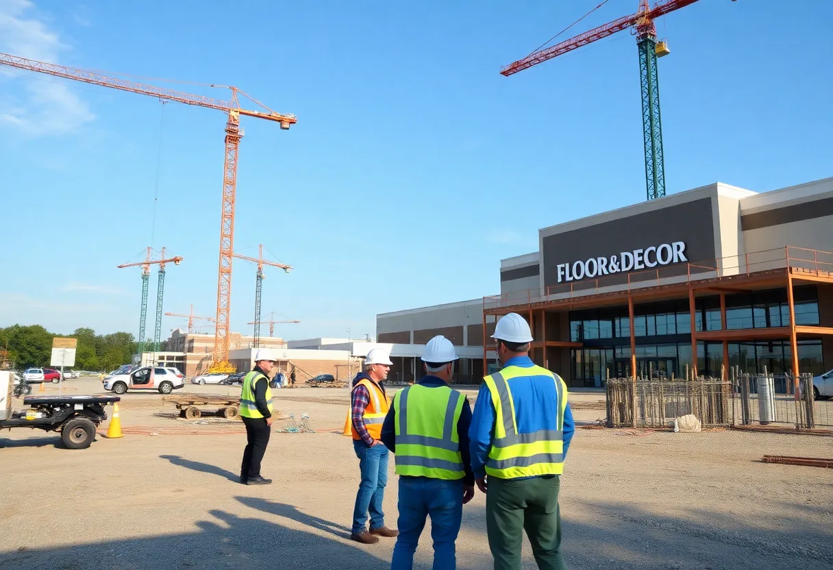 Construction workers at a site in North Charleston, with a newly built store.