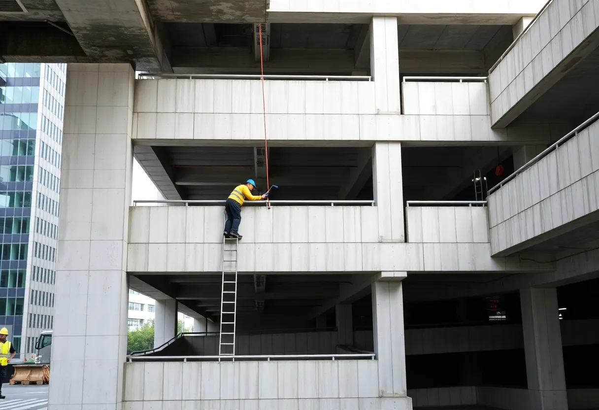 Workers performing maintenance on a precast concrete parking structure