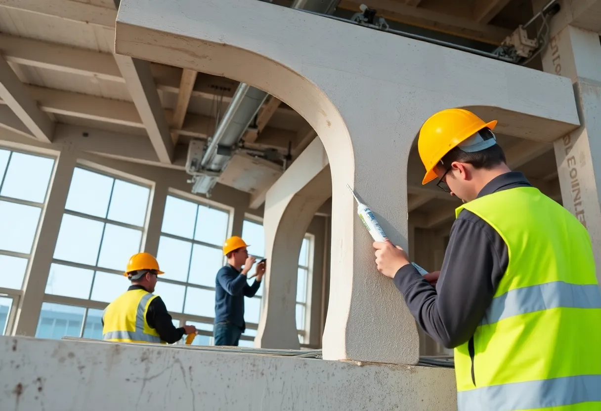 Construction workers sealing joints in double-tee structures