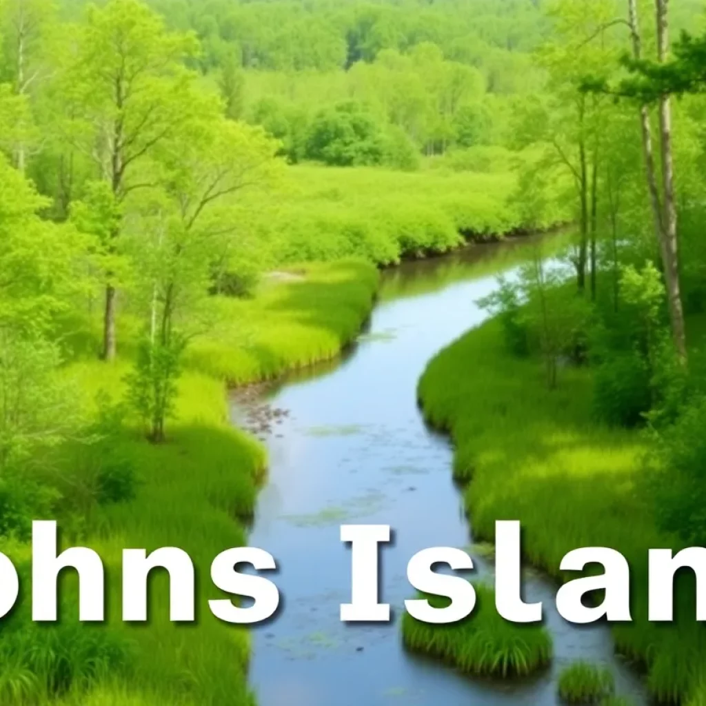 Aerial view of protected land on Johns Island showing greenery and a creek.