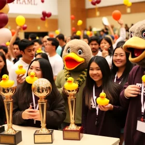 Students celebrating TAMIU's achievement with awards and mascot