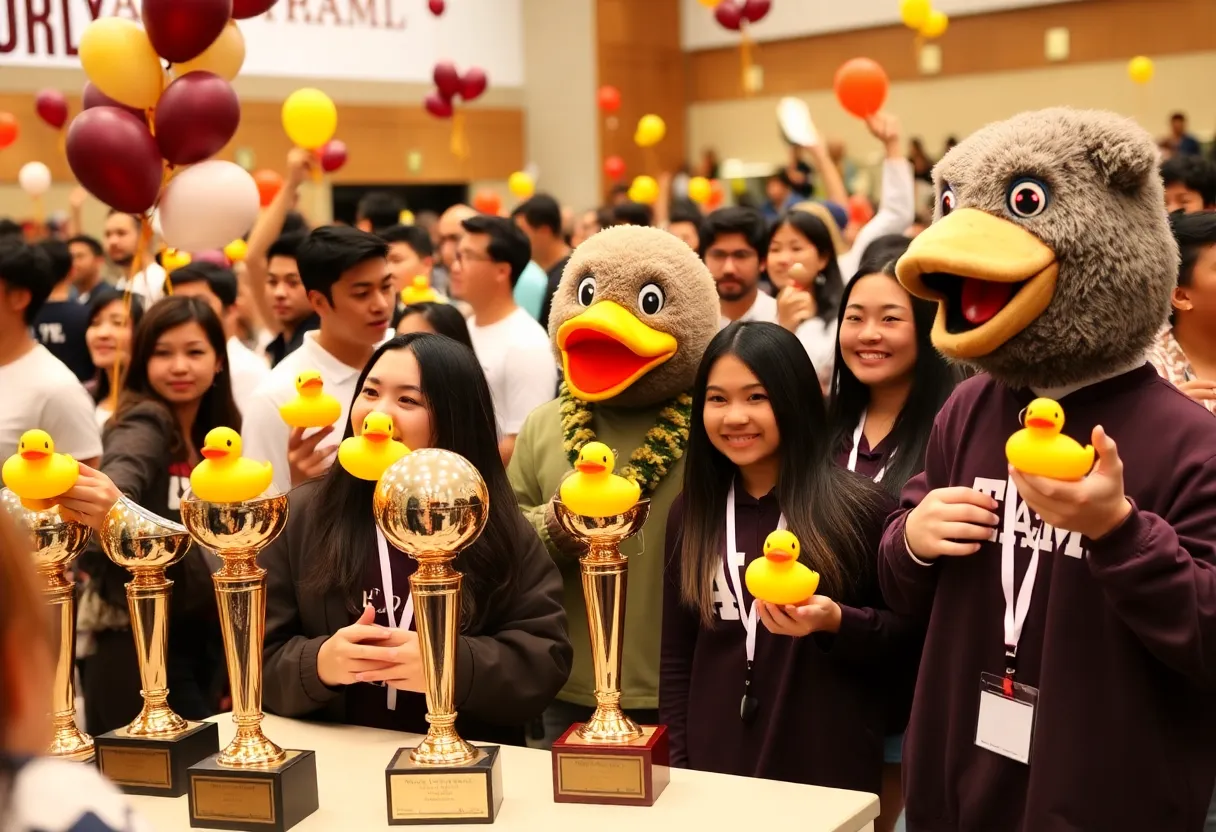 Students celebrating TAMIU's achievement with awards and mascot