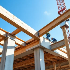 Construction workers using high-quality materials for structural connections on a modern building site.