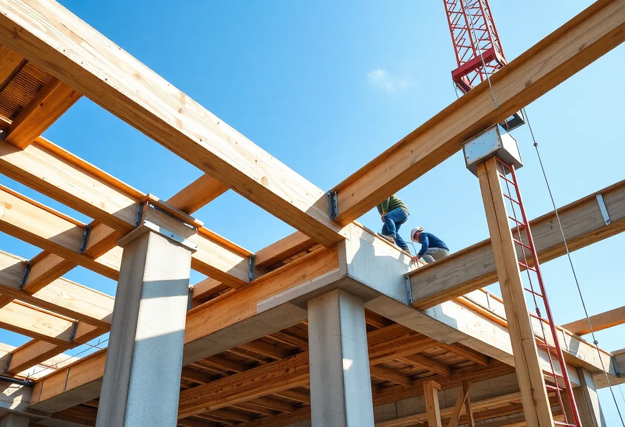 Construction workers using high-quality materials for structural connections on a modern building site.