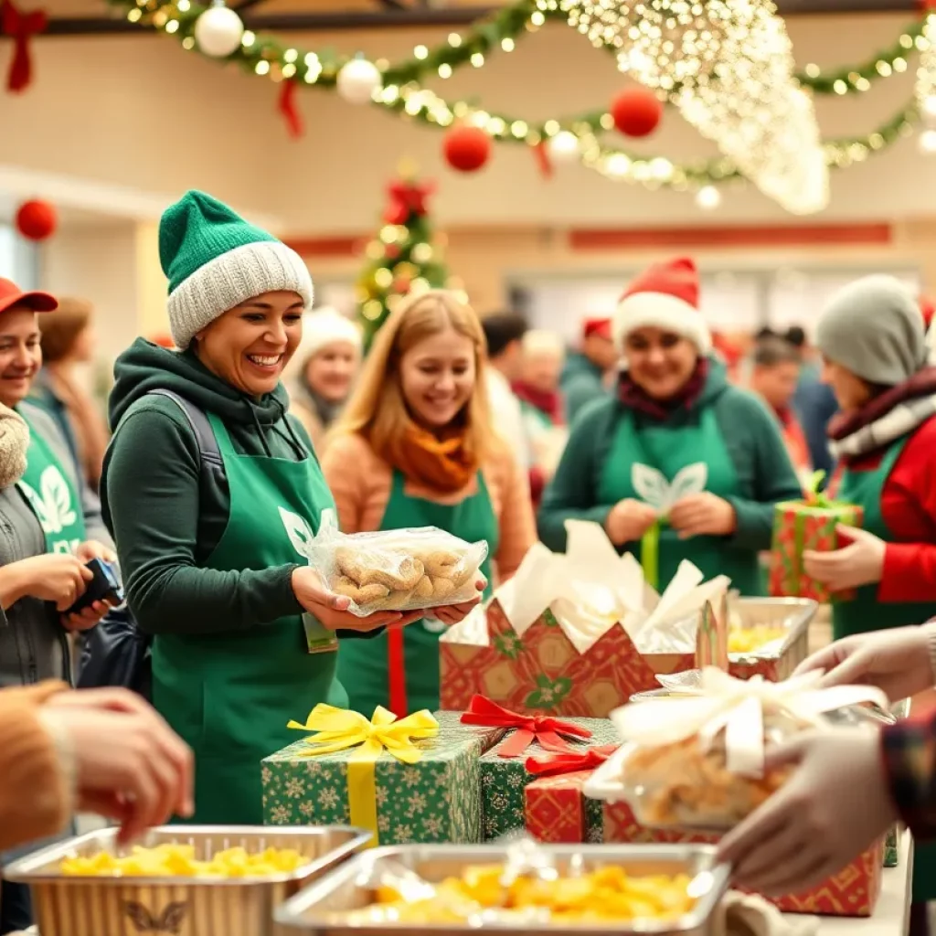 Volunteers preparing meals and gifts for families in North Charleston during the Christmas charity event.