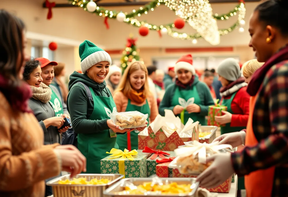 Volunteers preparing meals and gifts for families in North Charleston during the Christmas charity event.